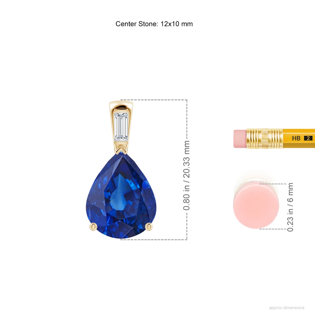12x10mm AAA Pear Blue Sapphire Pendant with Baguette Diamond in Yellow Gold ruler