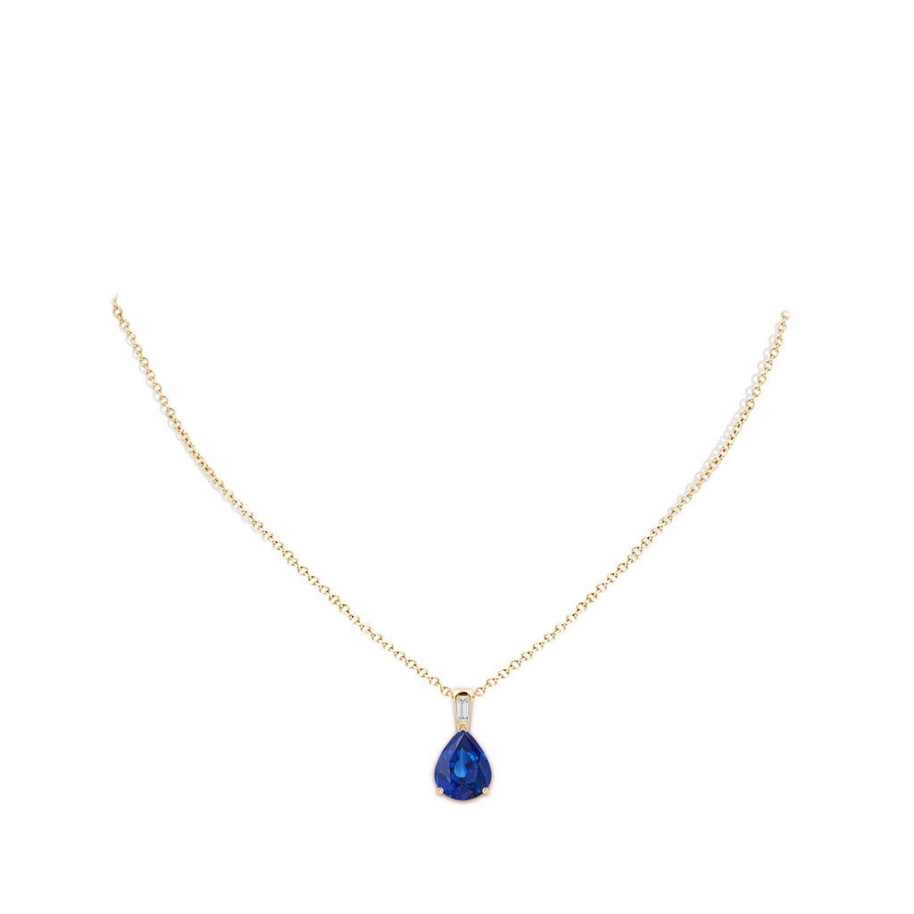12x10mm AAA Pear Blue Sapphire Pendant with Baguette Diamond in Yellow Gold pen