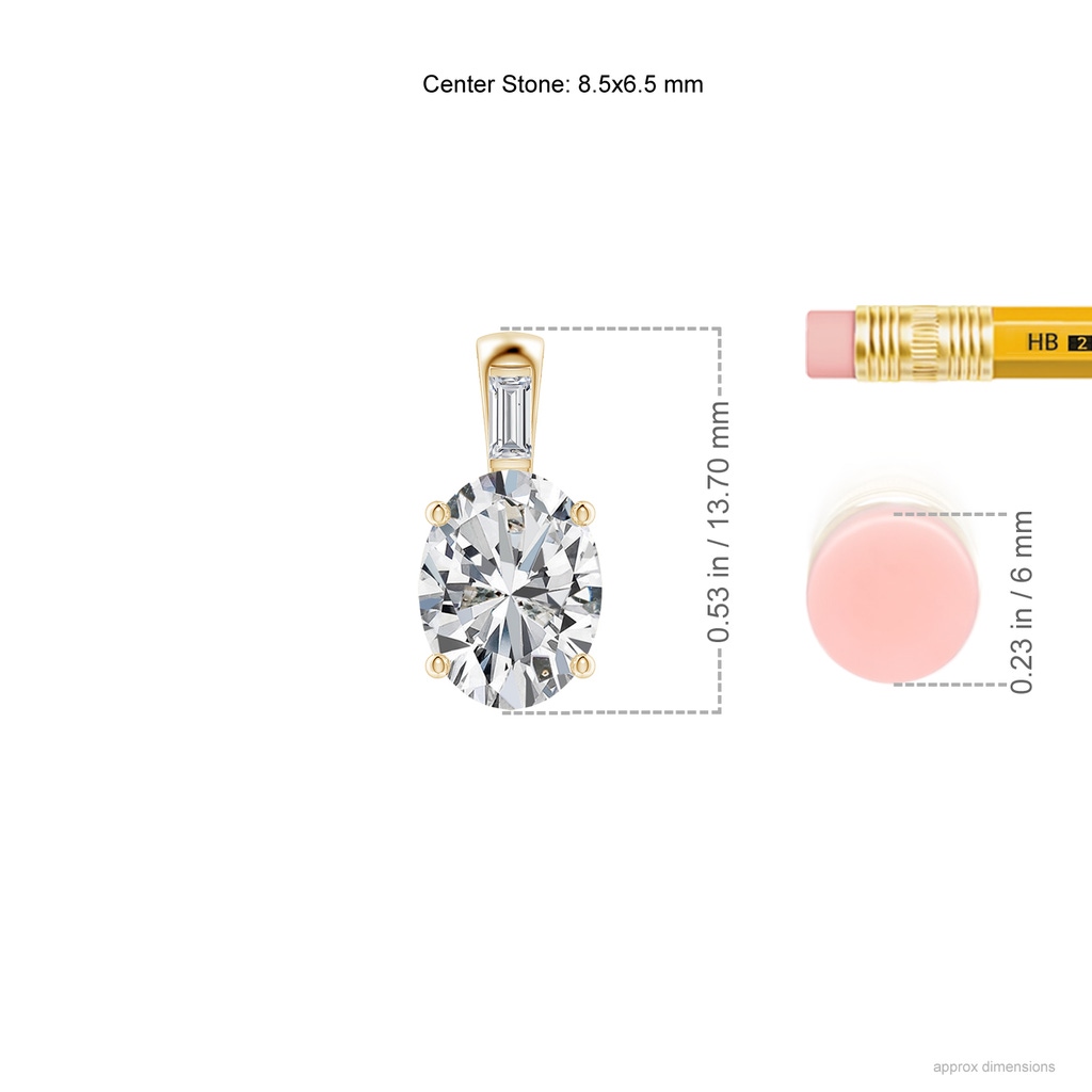 8.5x6.5mm HSI2 Oval Diamond Pendant with Baguette Accent in Yellow Gold ruler