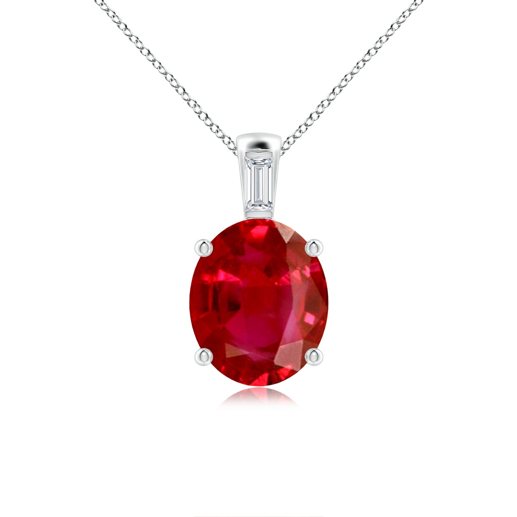 12x10mm AAA Oval Ruby Pendant with Baguette Diamond in White Gold