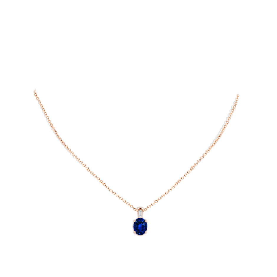 10x8mm Lab-Grown Oval Blue Sapphire Pendant with Baguette Diamond in Rose Gold pen