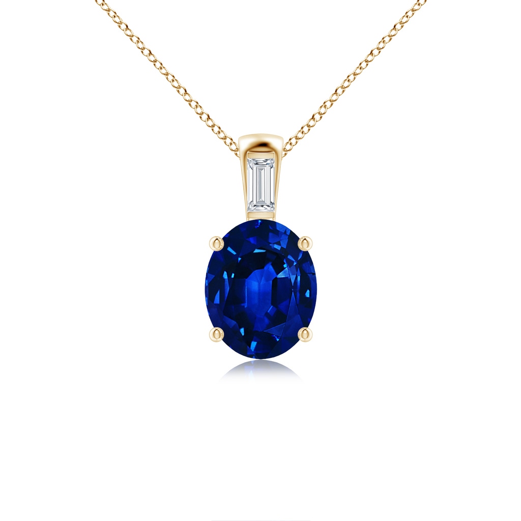 10x8mm Lab-Grown Oval Blue Sapphire Pendant with Baguette Diamond in Yellow Gold