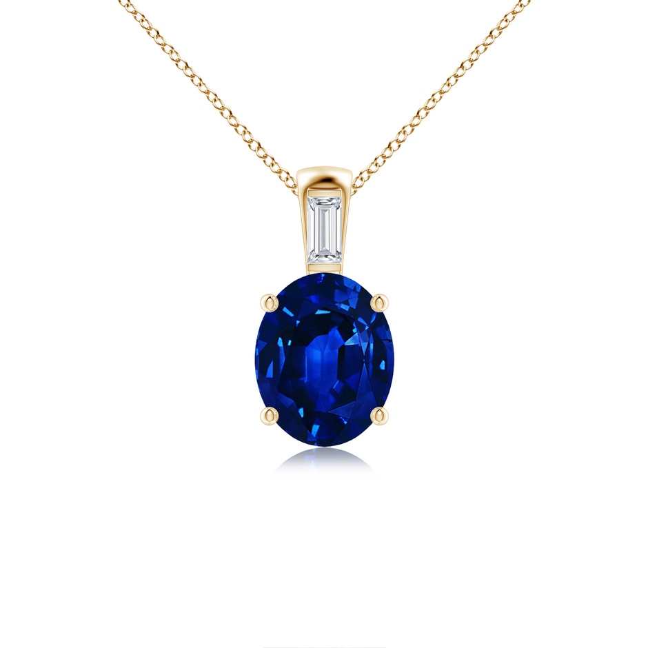 10x8mm Lab-Grown Oval Blue Sapphire Pendant with Baguette Diamond in Yellow Gold 