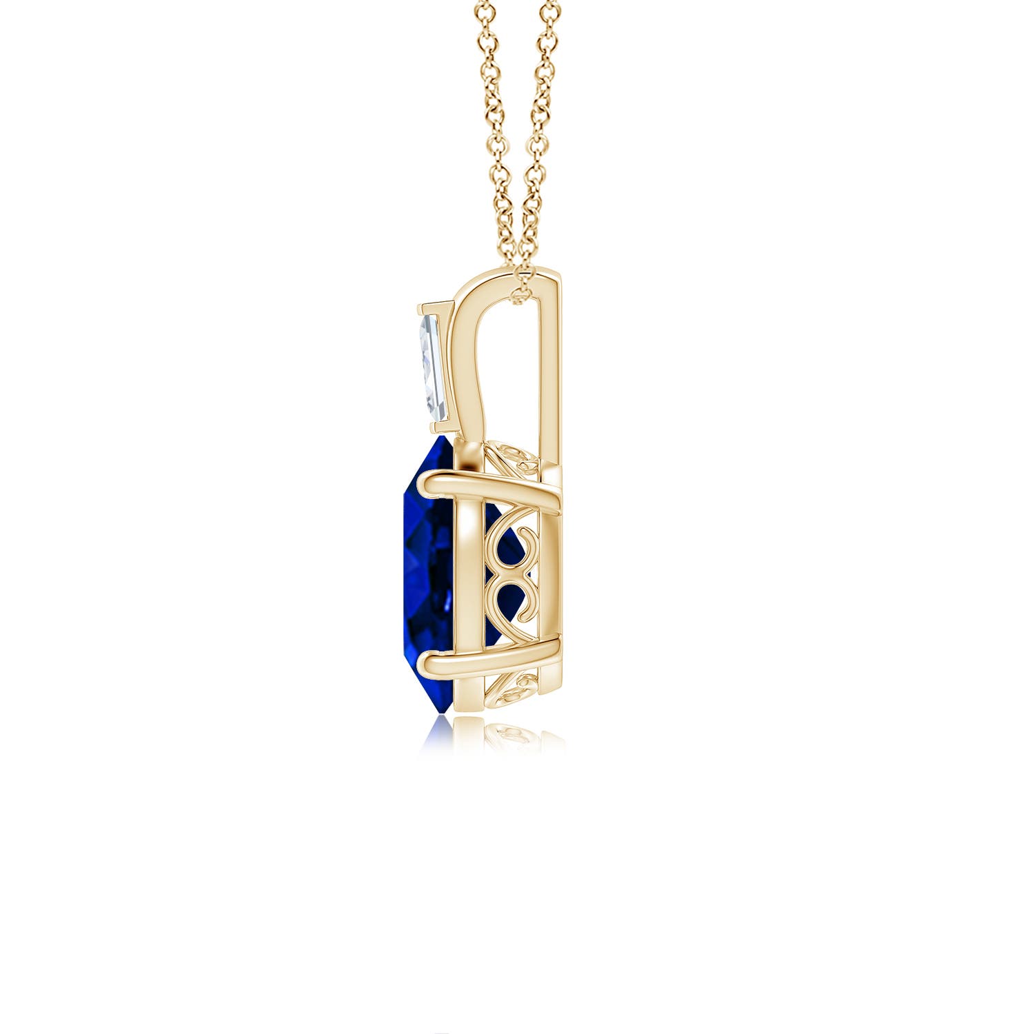 10x8mm AAAA Oval Blue Sapphire Pendant with Baguette Diamond in Yellow Gold - side 3