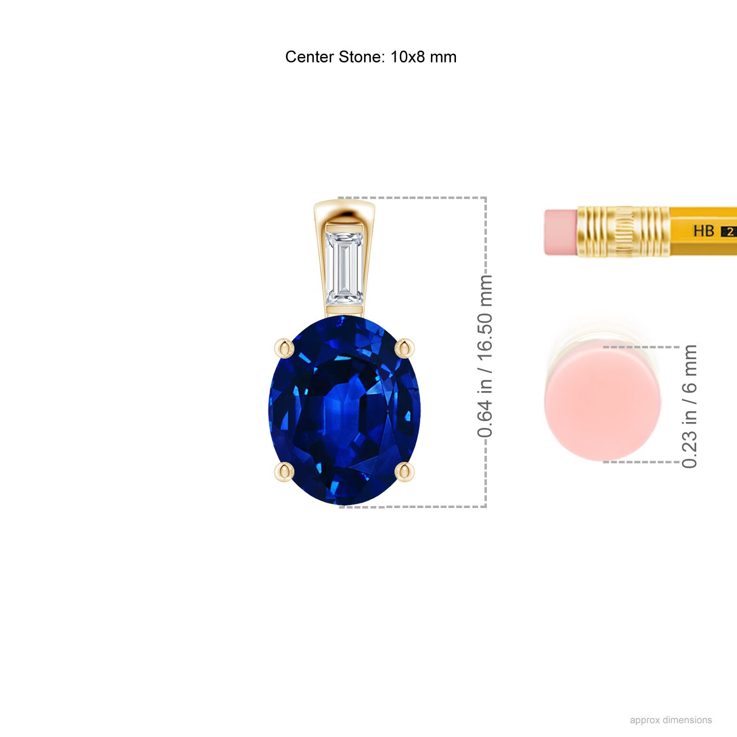 10x8mm AAAA Oval Blue Sapphire Pendant with Baguette Diamond in Yellow Gold - ruler