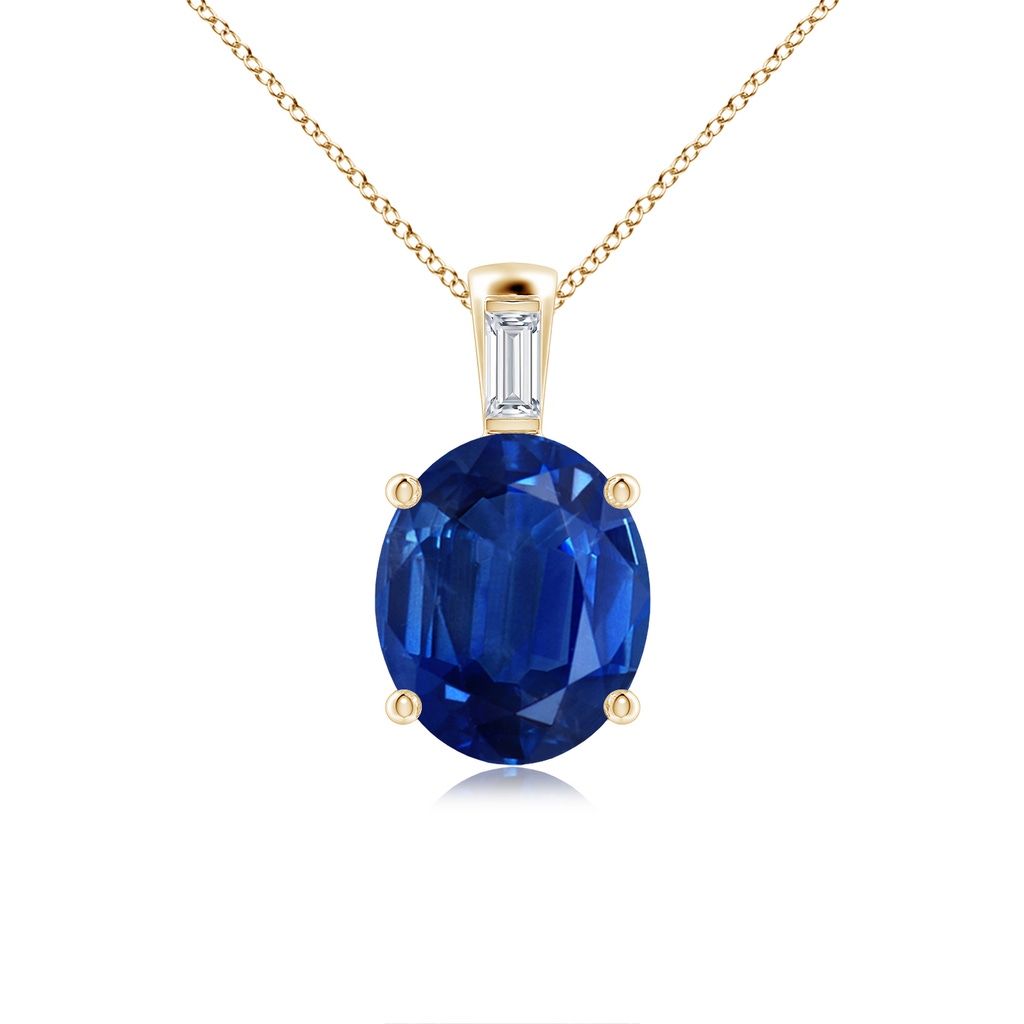 12x10mm AAA Oval Blue Sapphire Pendant with Baguette Diamond in Yellow Gold
