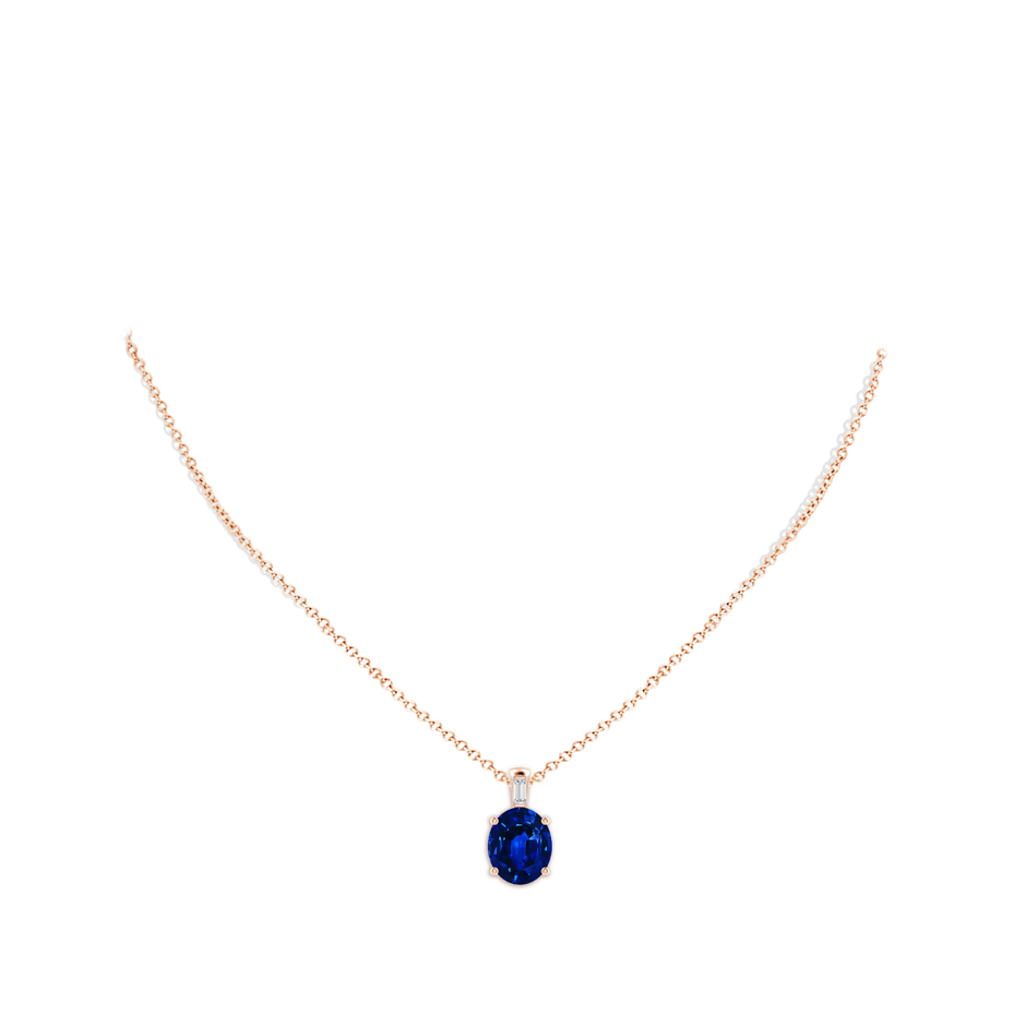 12x10mm Lab-Grown Oval Blue Sapphire Pendant with Baguette Diamond in Rose Gold pen