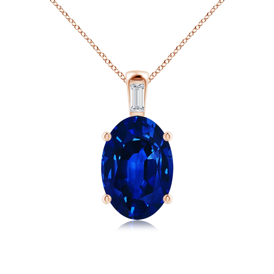 14x10mm Lab-Grown Oval Blue Sapphire Pendant with Baguette Diamond in Rose Gold 