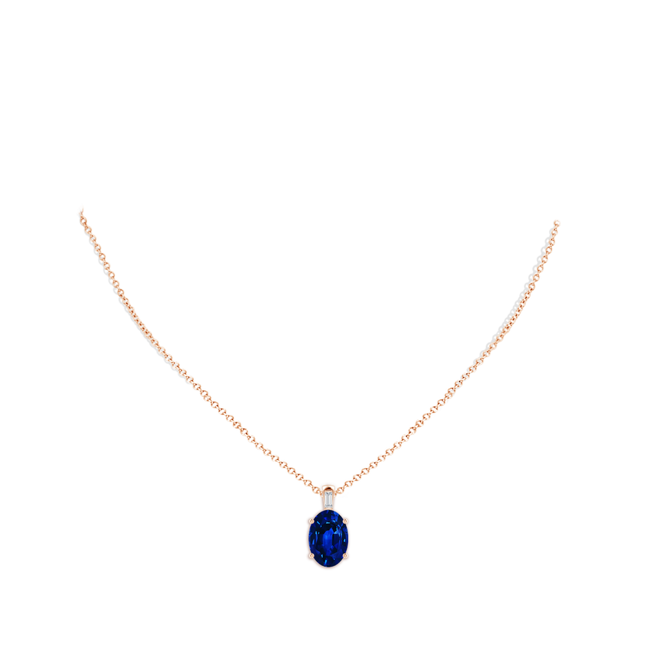 14x10mm Lab-Grown Oval Blue Sapphire Pendant with Baguette Diamond in Rose Gold pen