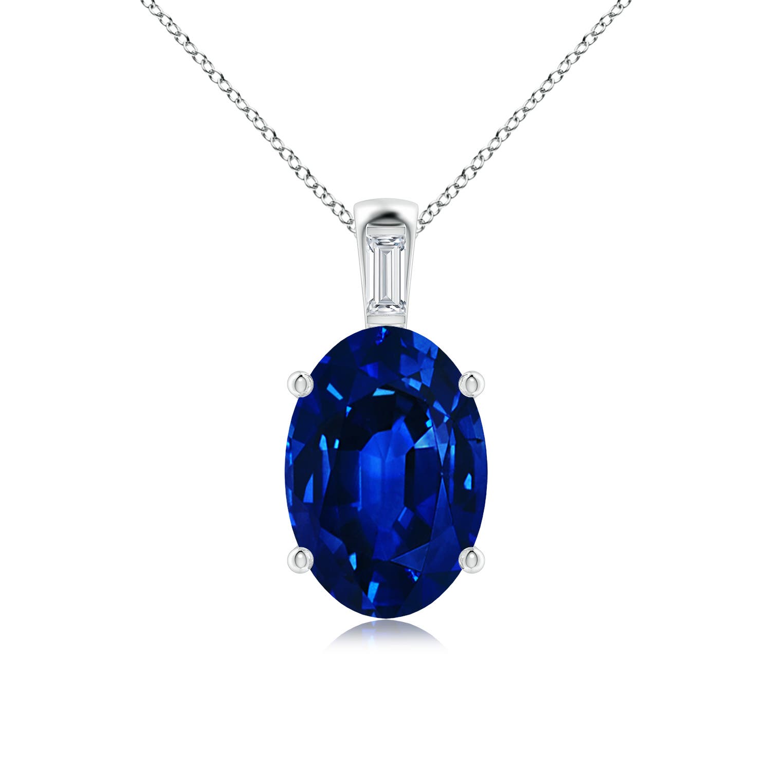 14x10mm AAAA Oval Blue Sapphire Pendant with Baguette Diamond in White Gold