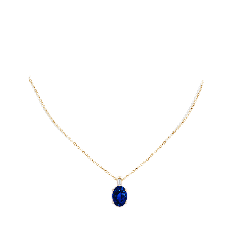 14x10mm Lab-Grown Oval Blue Sapphire Pendant with Baguette Diamond in Yellow Gold pen