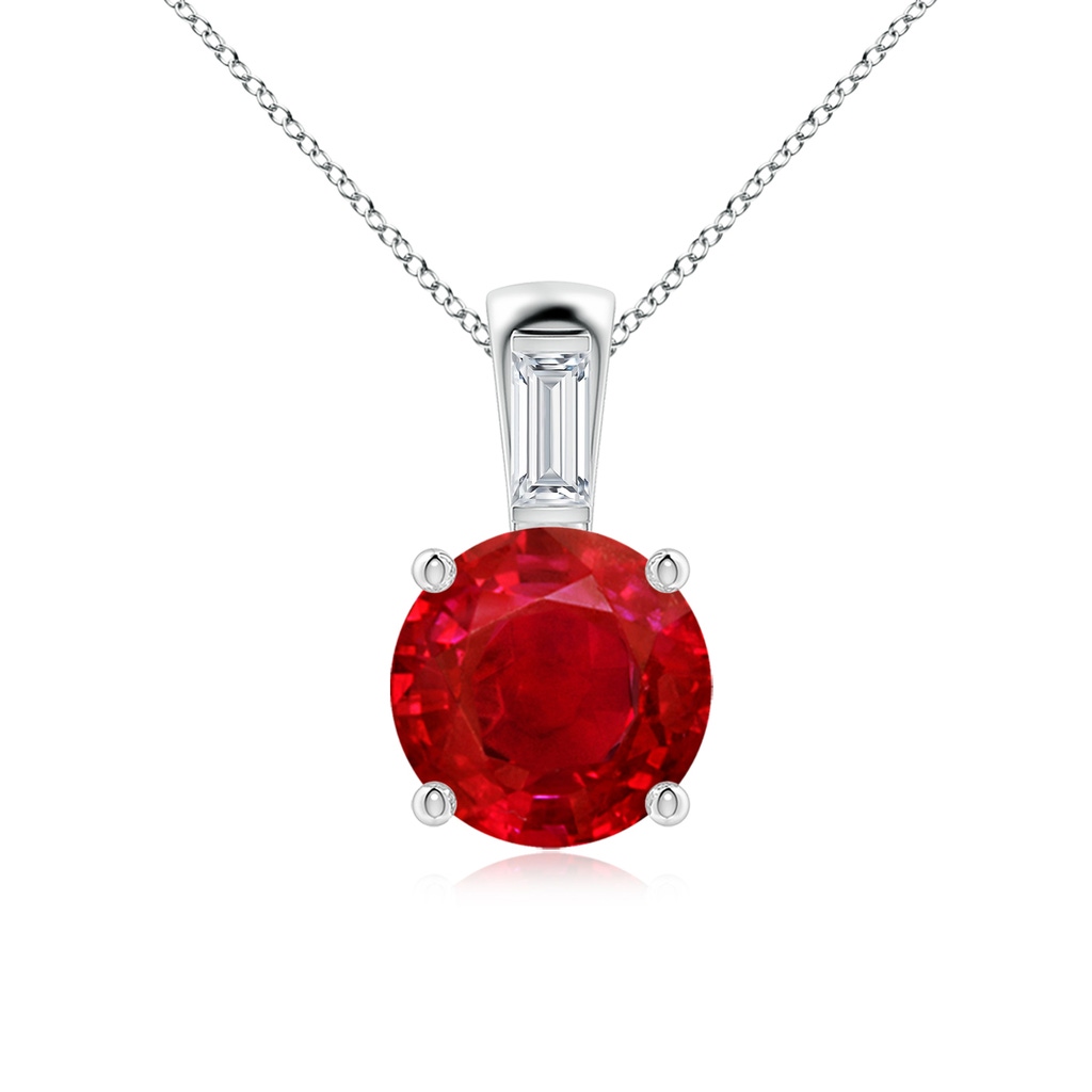 8mm AAA Round Ruby Pendant with Baguette Diamond in White Gold