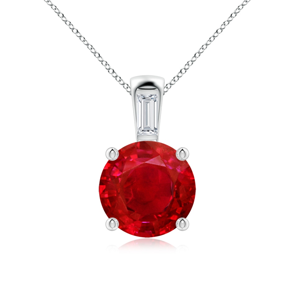 9mm AAA Round Ruby Pendant with Baguette Diamond in White Gold 