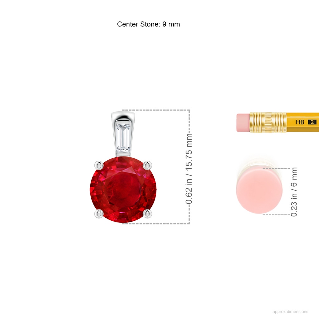 9mm AAA Round Ruby Pendant with Baguette Diamond in White Gold ruler