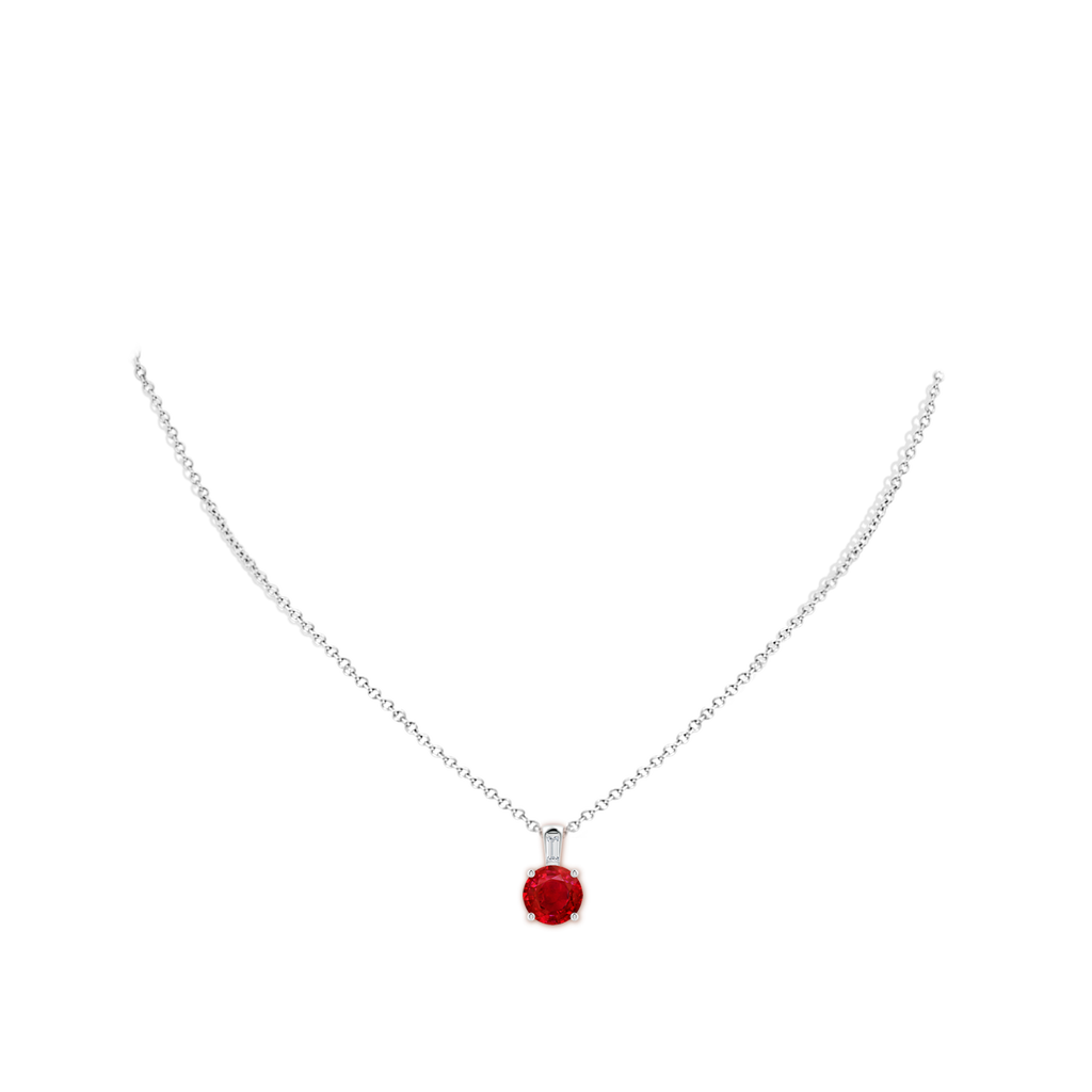 9mm AAA Round Ruby Pendant with Baguette Diamond in White Gold pen
