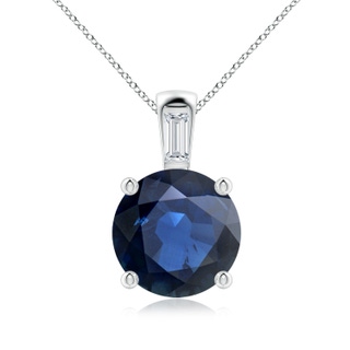 10mm AA Round Blue Sapphire Pendant with Baguette Diamond in White Gold