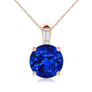 10mm AAAA Round Blue Sapphire Pendant with Baguette Diamond in Rose Gold