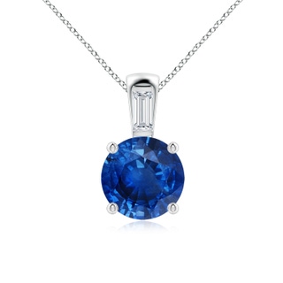 8mm AAA Round Blue Sapphire Pendant with Baguette Diamond in White Gold