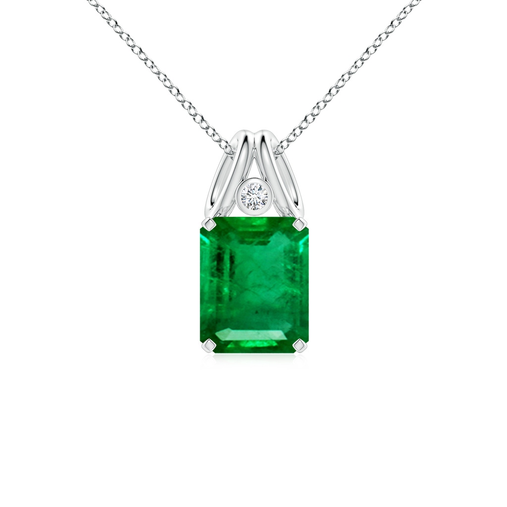 10x8mm AAA Emerald-Cut Emerald Pendant with Diamond in White Gold