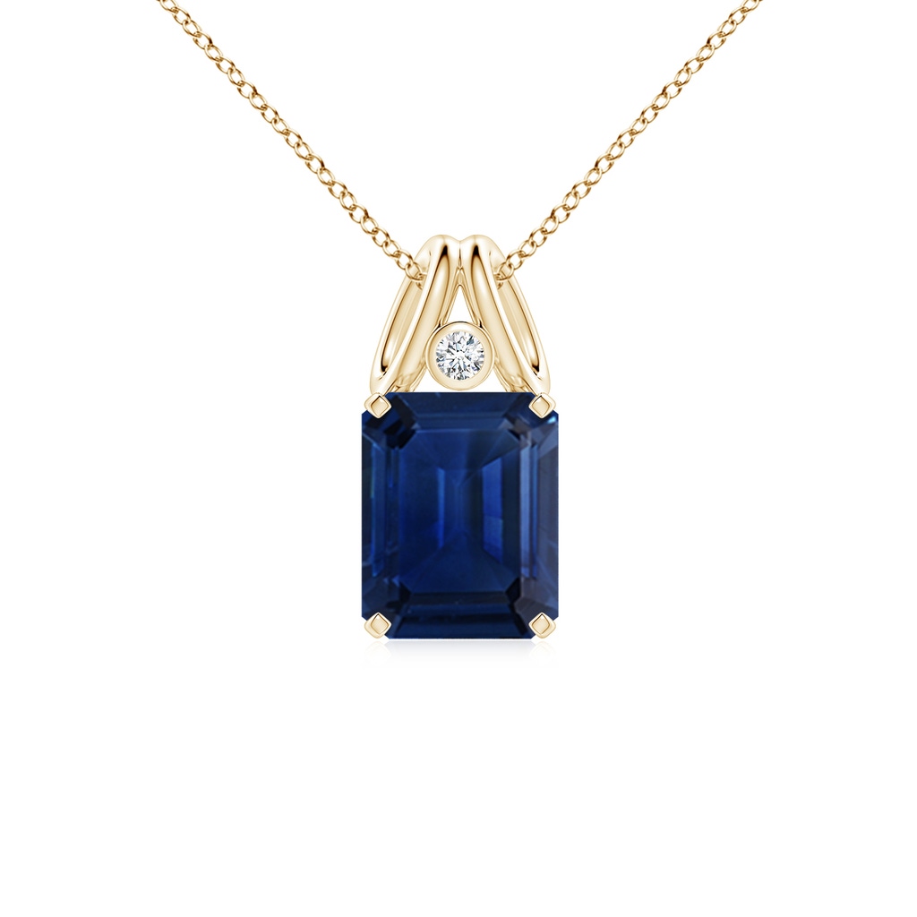10x8mm AAA Emerald-Cut Blue Sapphire Pendant with Diamond in Yellow Gold