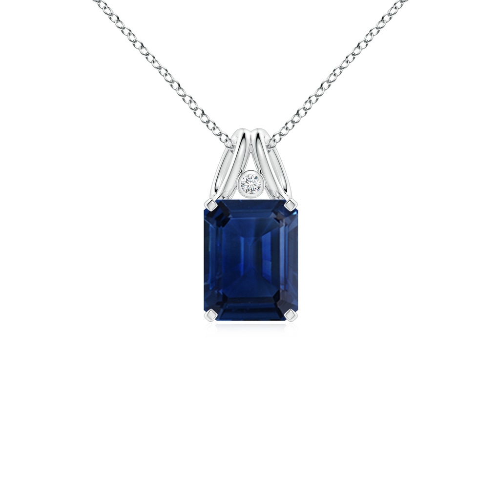 9x7mm AAA Emerald-Cut Blue Sapphire Pendant with Diamond in White Gold