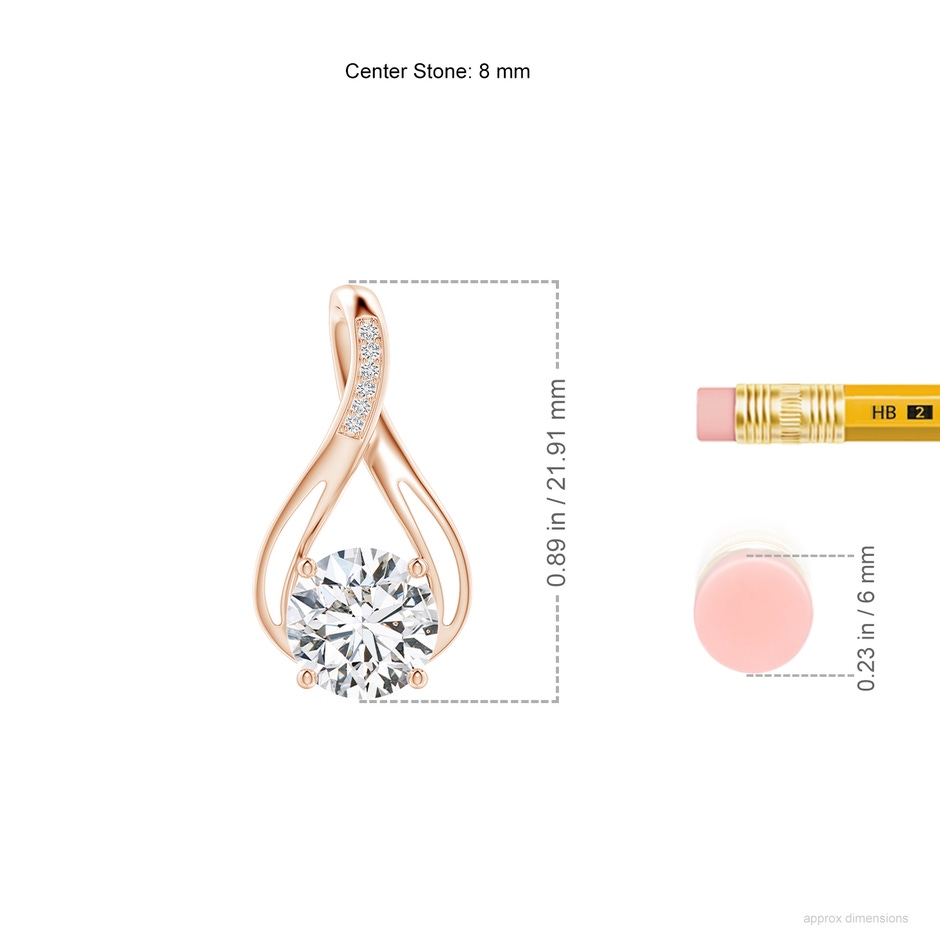 8mm HSI2 Round Diamond Infinity Twist Pendant with Accents in Rose Gold ruler
