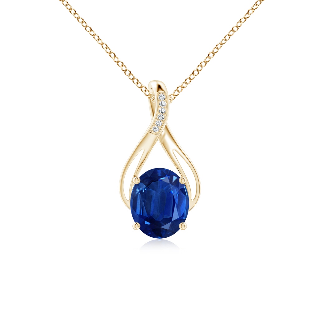 12x10mm AAA Oval Blue Sapphire Infinity Twist Pendant with Diamonds in Yellow Gold