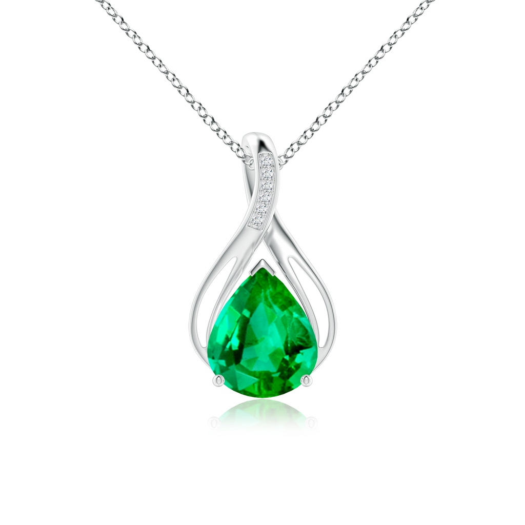 12x10mm AAA Pear Emerald Infinity Twist Pendant with Diamonds in White Gold