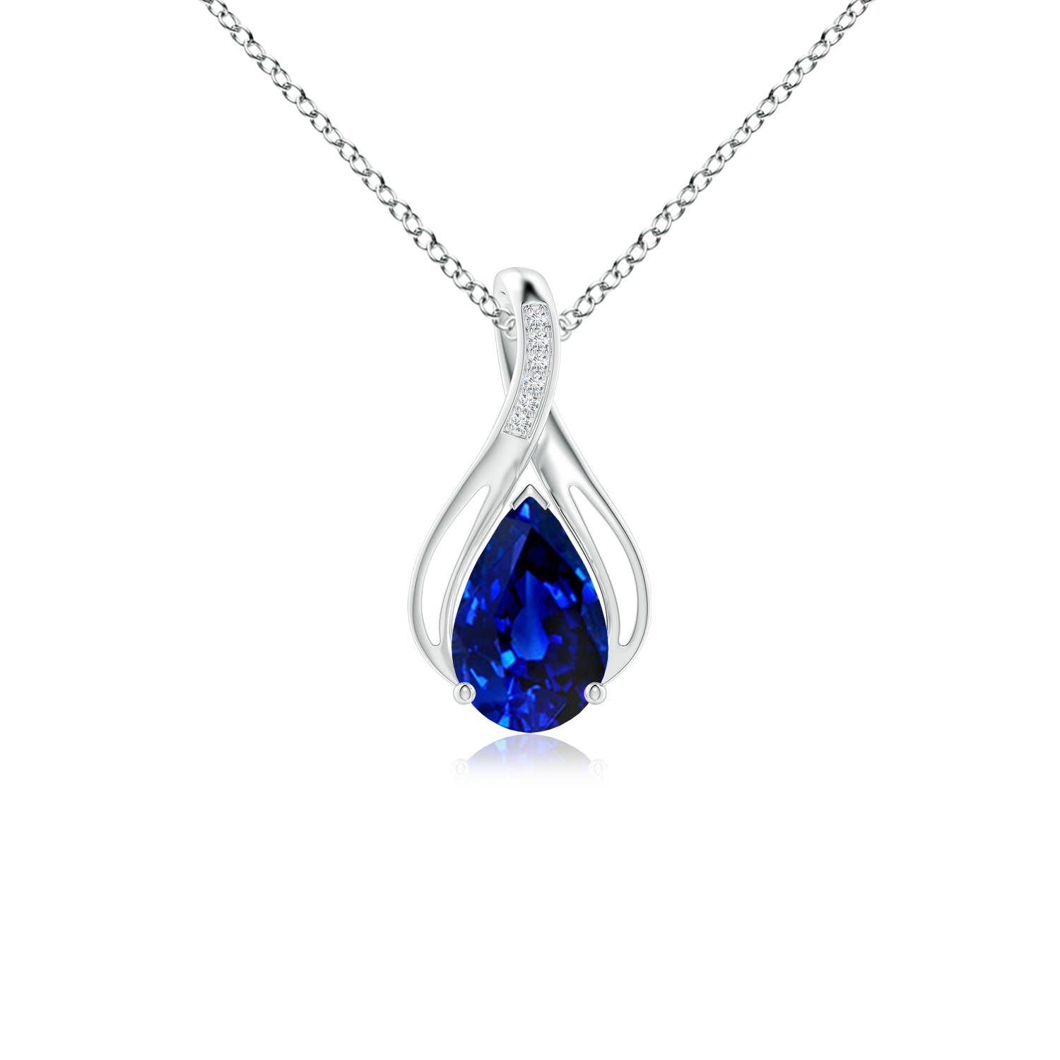 10x8mm AAAA Pear Blue Sapphire Infinity Twist Pendant with Diamonds in 18K White Gold