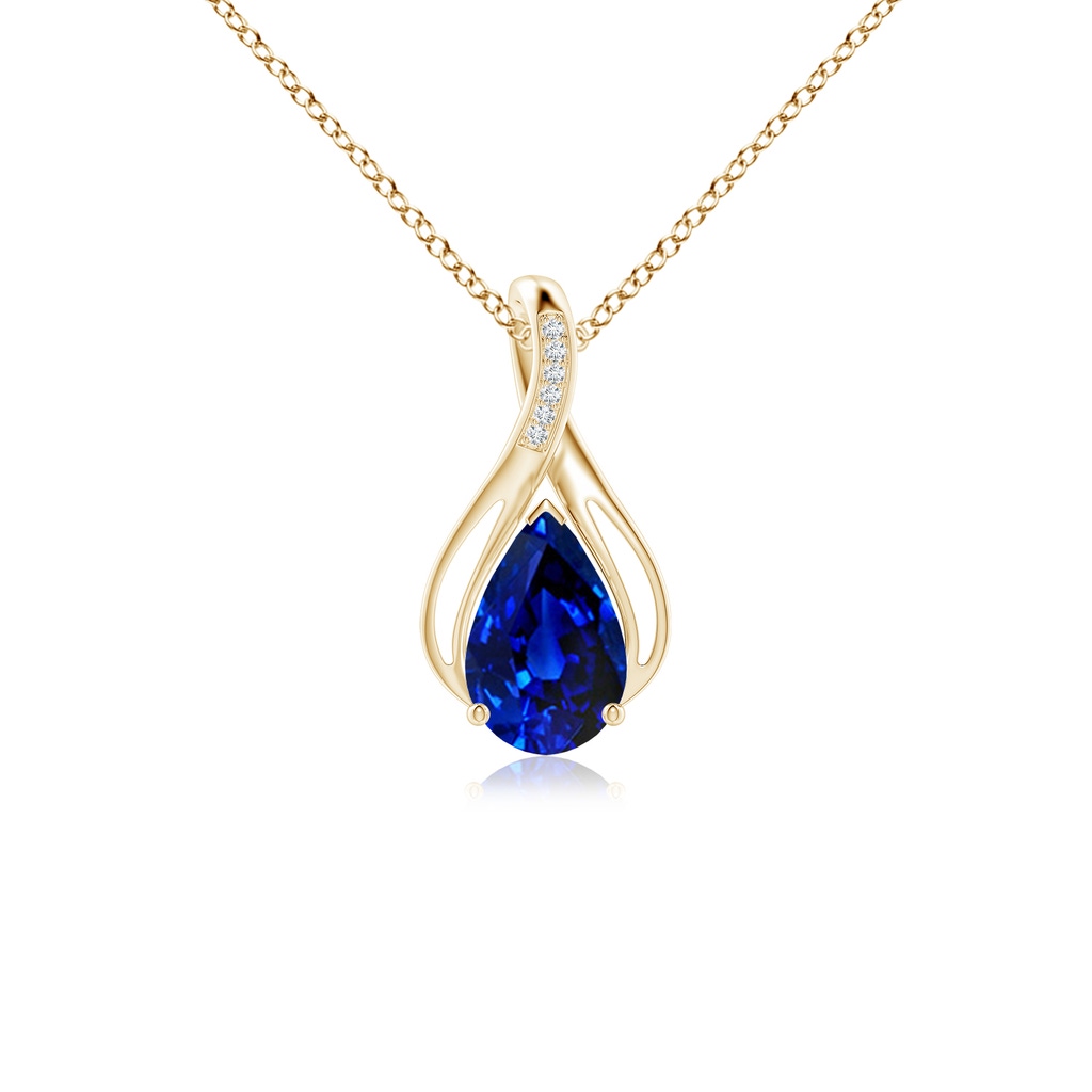 10x8mm Lab-Grown Pear Blue Sapphire Infinity Twist Pendant with Diamonds in Yellow Gold