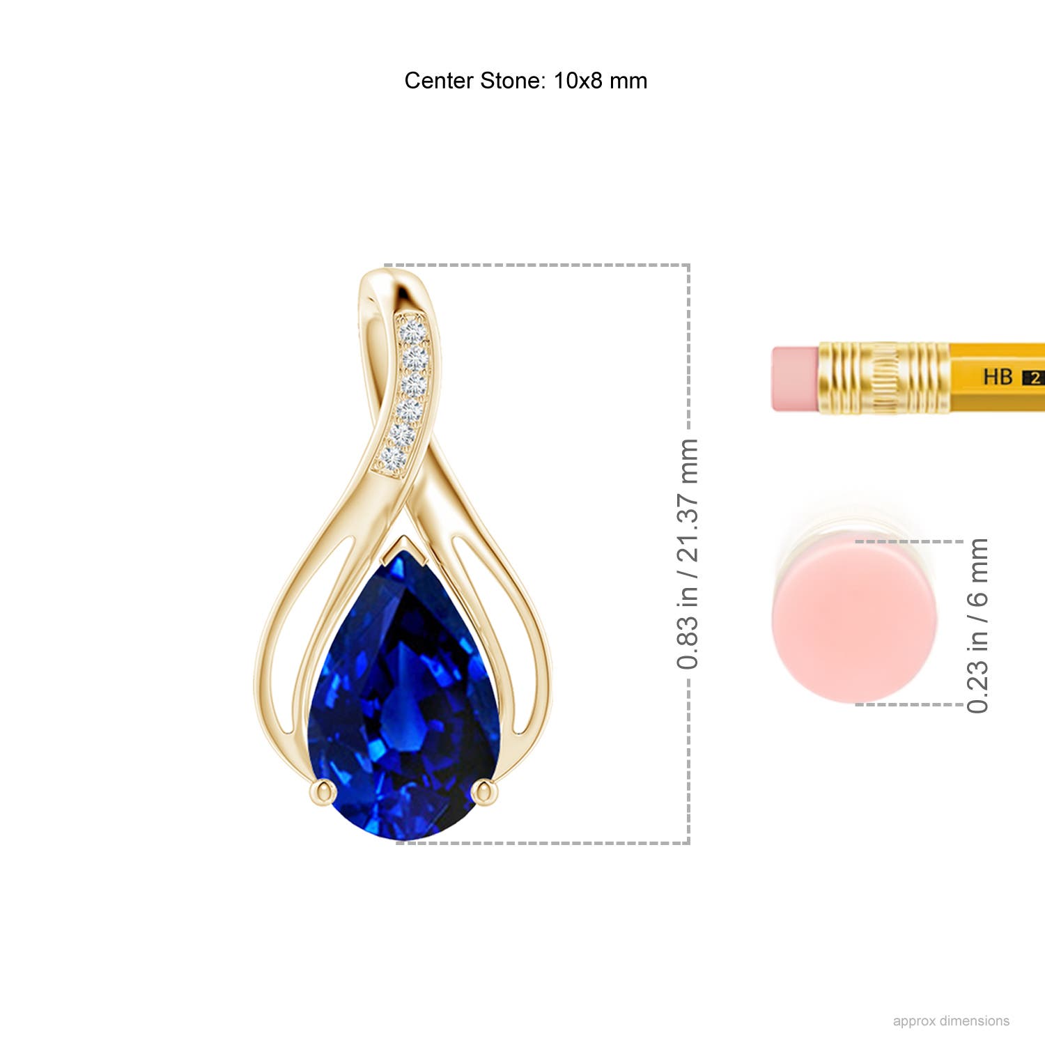 10x8mm AAAA Pear Blue Sapphire Infinity Twist Pendant with Diamonds in Yellow Gold - ruler