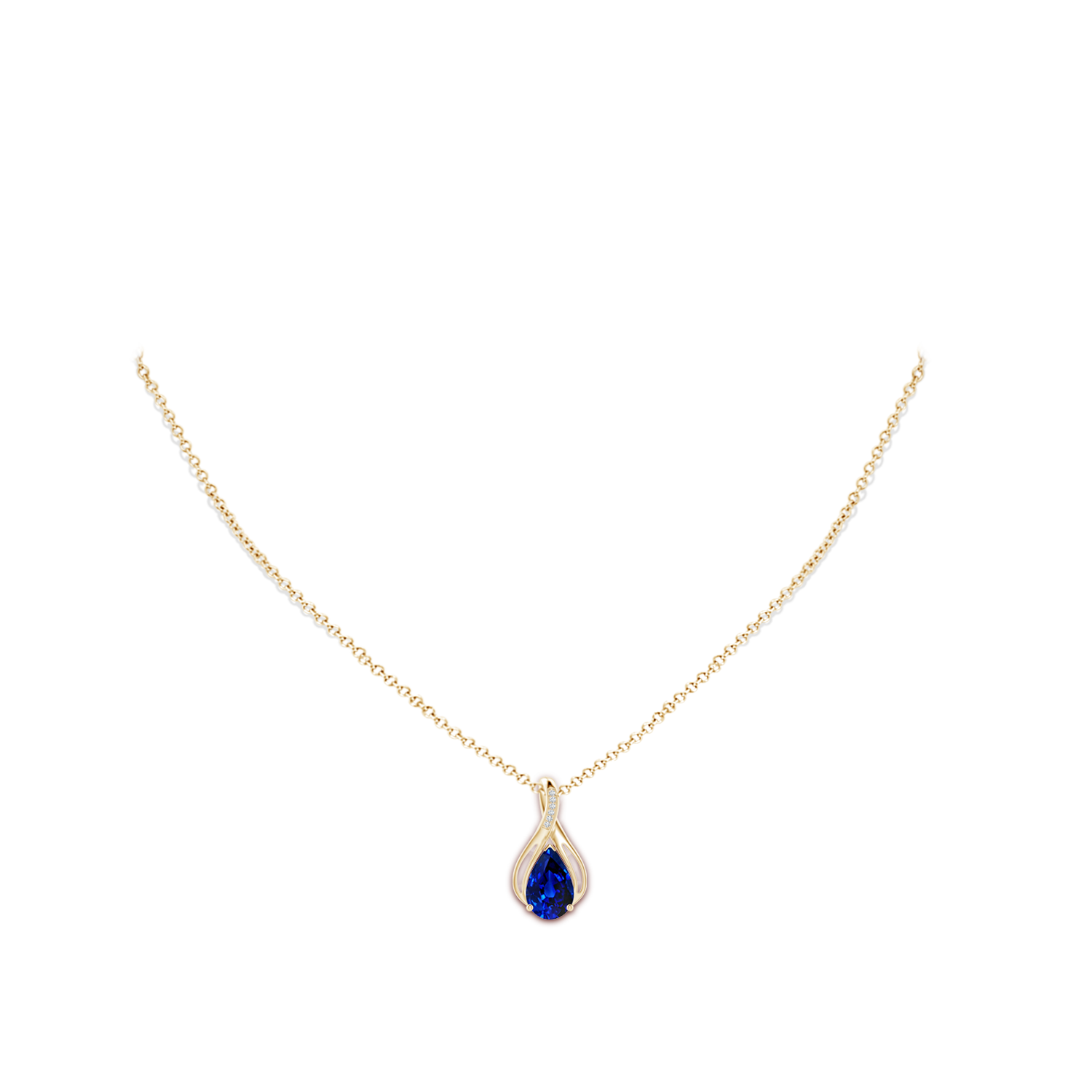 10x8mm AAAA Pear Blue Sapphire Infinity Twist Pendant with Diamonds in Yellow Gold - body_neck