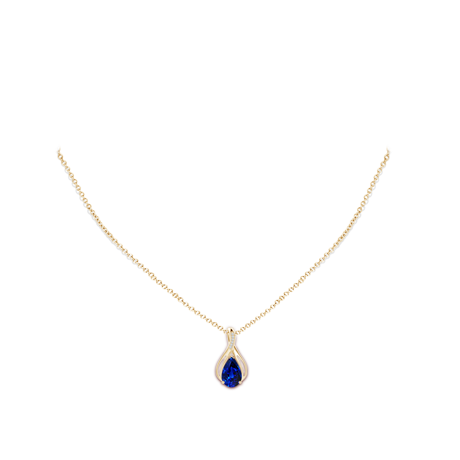 10x8mm Lab-Grown Pear Blue Sapphire Infinity Twist Pendant with Diamonds in Yellow Gold pen