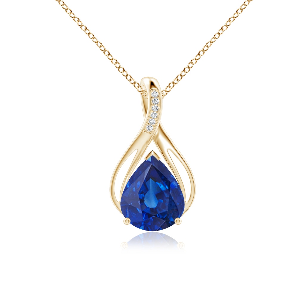 12x10mm AAA Pear Blue Sapphire Infinity Twist Pendant with Diamonds in Yellow Gold