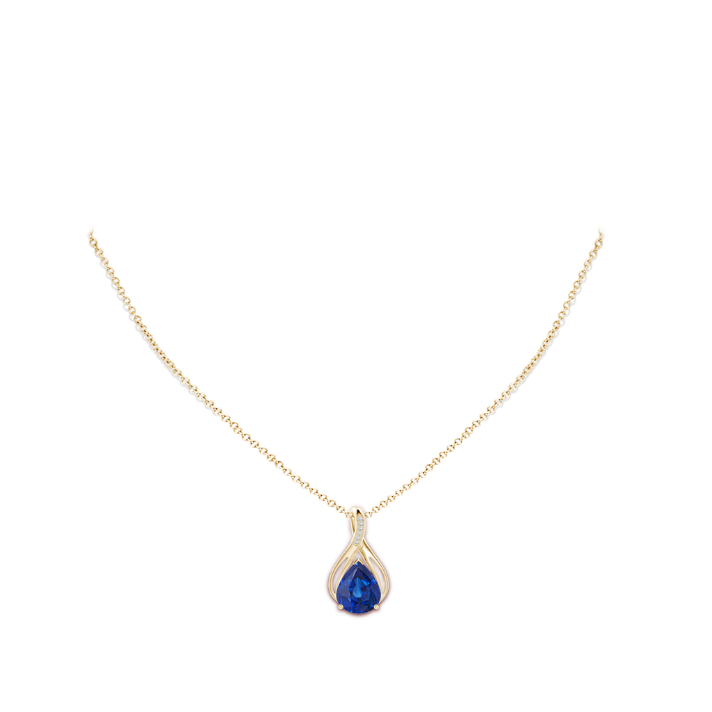 12x10mm AAA Pear Blue Sapphire Infinity Twist Pendant with Diamonds in Yellow Gold pen