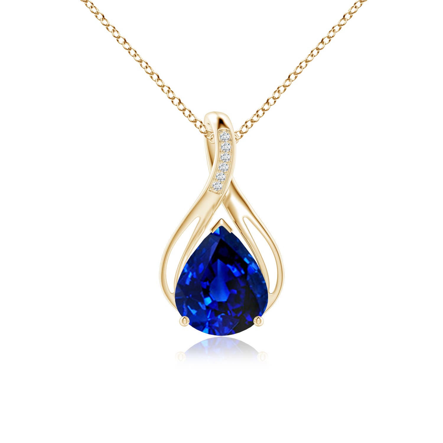 12x10mm AAAA Pear Blue Sapphire Infinity Twist Pendant with Diamonds in 18CT Yellow Gold