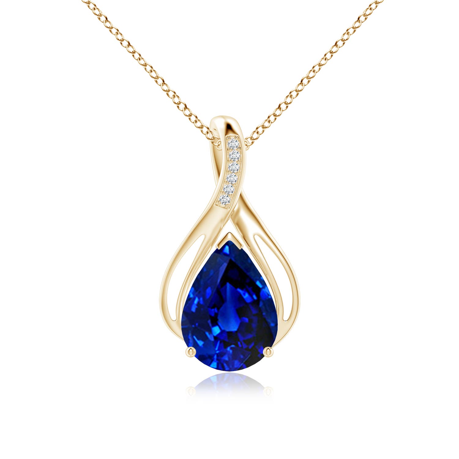 14x10mm AAAA Pear Blue Sapphire Infinity Twist Pendant with Diamonds in Yellow Gold