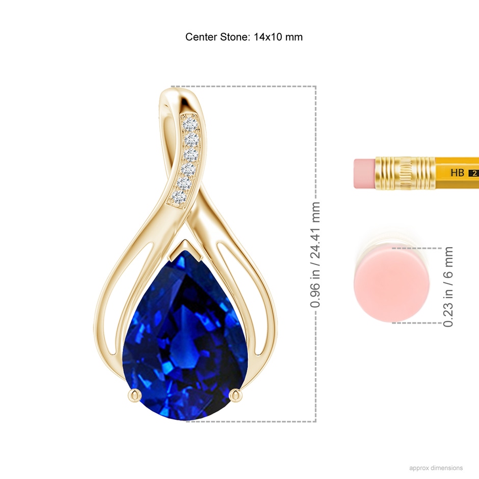 14x10mm Lab-Grown Pear Blue Sapphire Infinity Twist Pendant with Diamonds in Yellow Gold ruler
