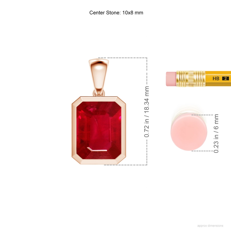 10x8mm AAA Bezel-Set Emerald-Cut Ruby Solitaire Pendant in Rose Gold ruler