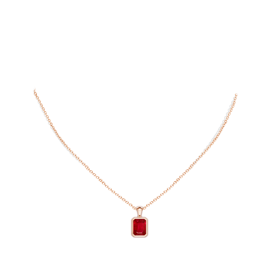 10x8mm AAA Bezel-Set Emerald-Cut Ruby Solitaire Pendant in Rose Gold pen