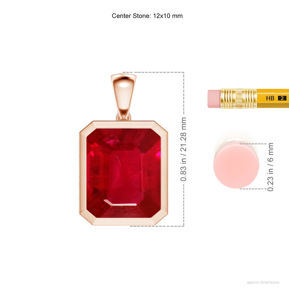 12x10mm AAA Bezel-Set Emerald-Cut Ruby Solitaire Pendant in Rose Gold ruler