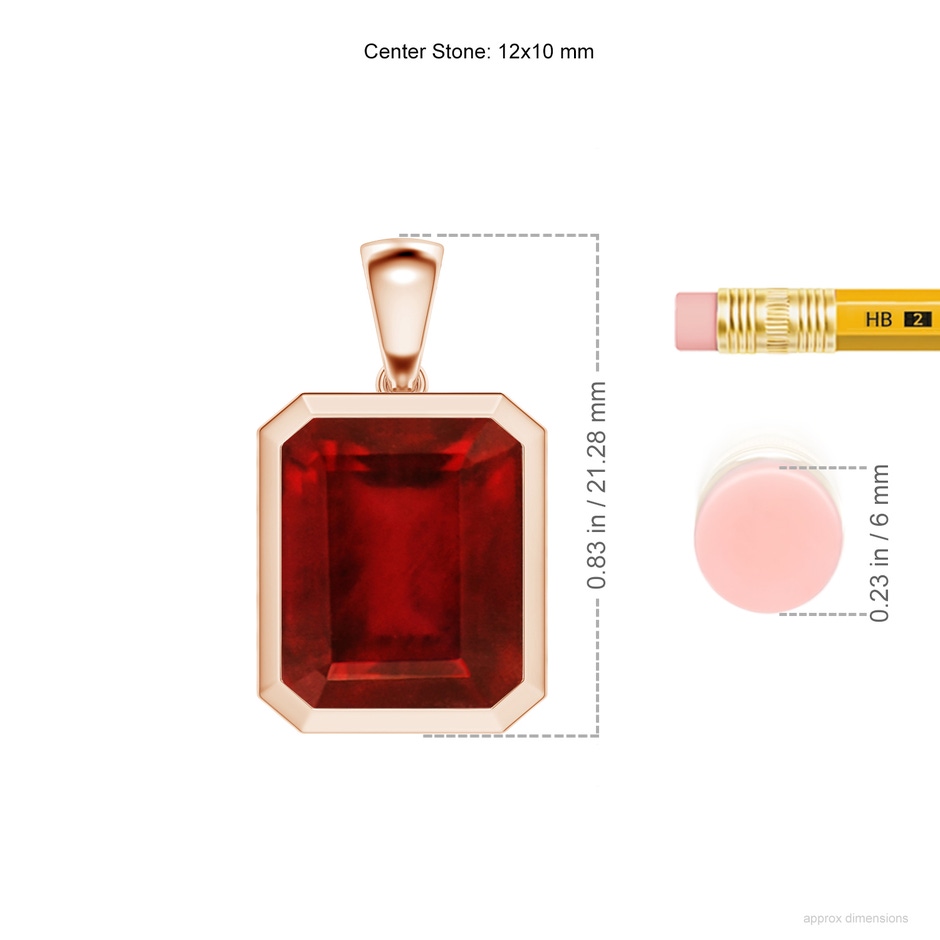 12x10mm AAAA Bezel-Set Emerald-Cut Ruby Solitaire Pendant in Rose Gold ruler