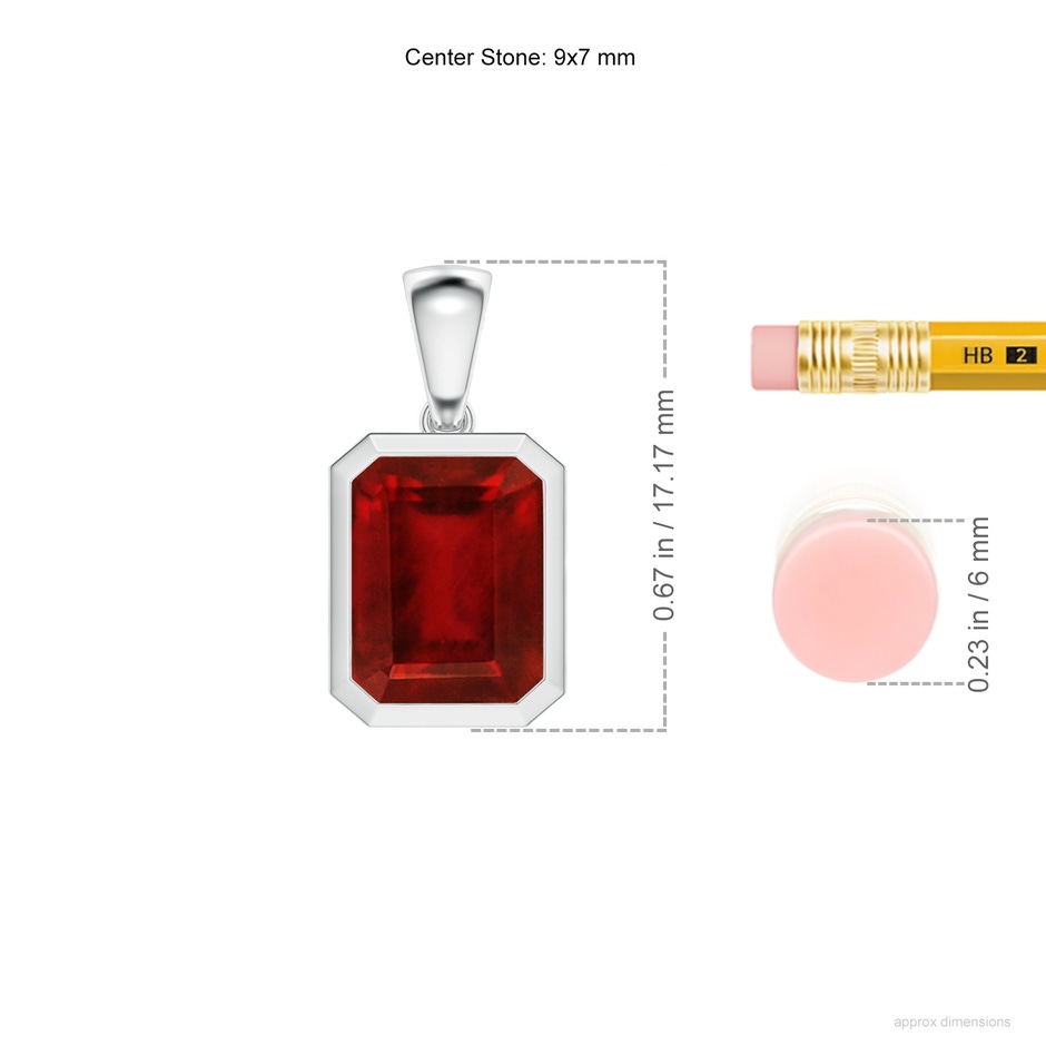 9x7mm AAAA Bezel-Set Emerald-Cut Ruby Solitaire Pendant in P950 Platinum ruler