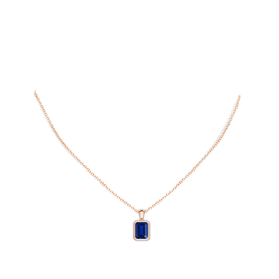 10x8mm Lab-Grown Bezel-Set Emerald-Cut Blue Sapphire Solitaire Pendant in Rose Gold pen