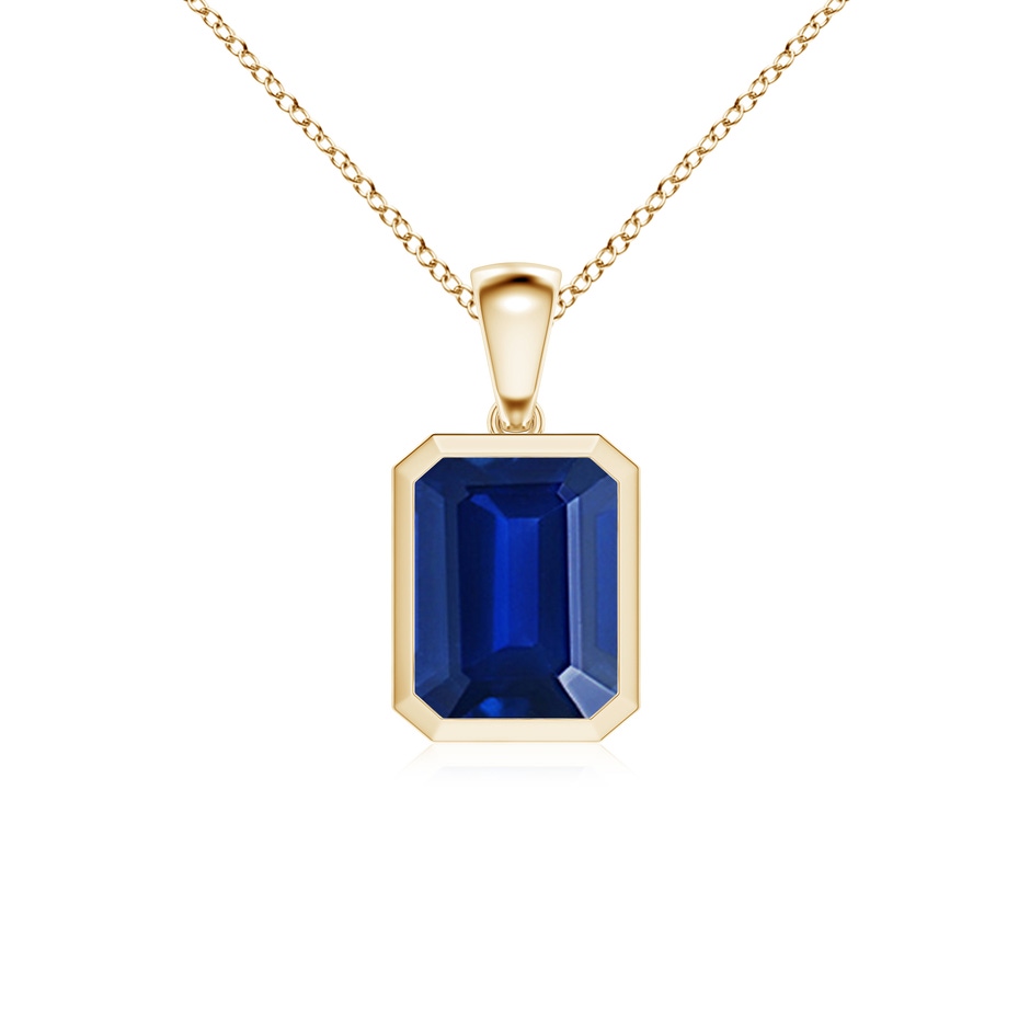 10x8mm Lab-Grown Bezel-Set Emerald-Cut Blue Sapphire Solitaire Pendant in Yellow Gold 