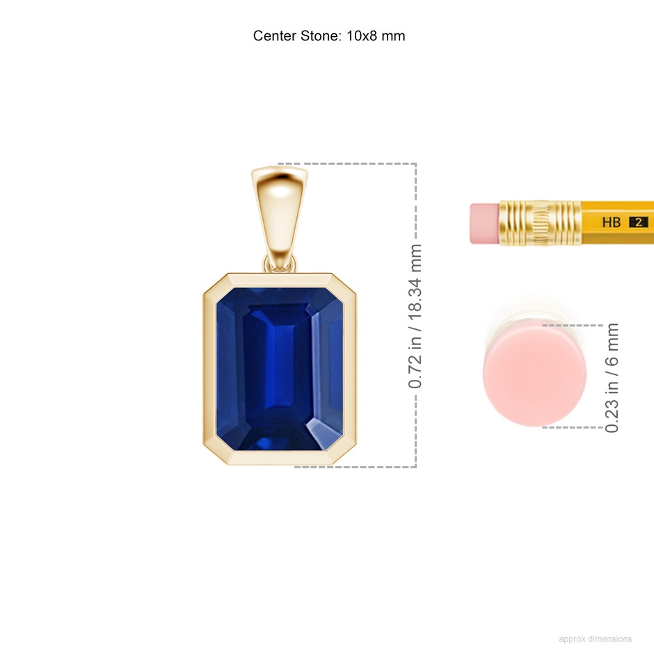 10x8mm Lab-Grown Bezel-Set Emerald-Cut Blue Sapphire Solitaire Pendant in Yellow Gold ruler