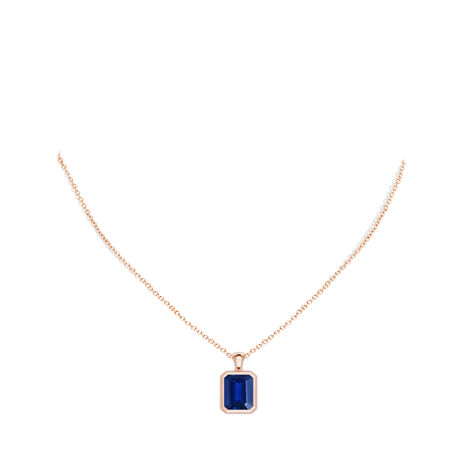 12x10mm Lab-Grown Bezel-Set Emerald-Cut Blue Sapphire Solitaire Pendant in 18K Rose Gold pen