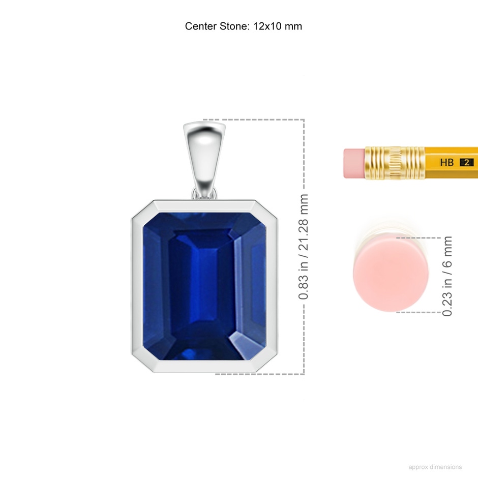 12x10mm Lab-Grown Bezel-Set Emerald-Cut Blue Sapphire Solitaire Pendant in P950 Platinum ruler