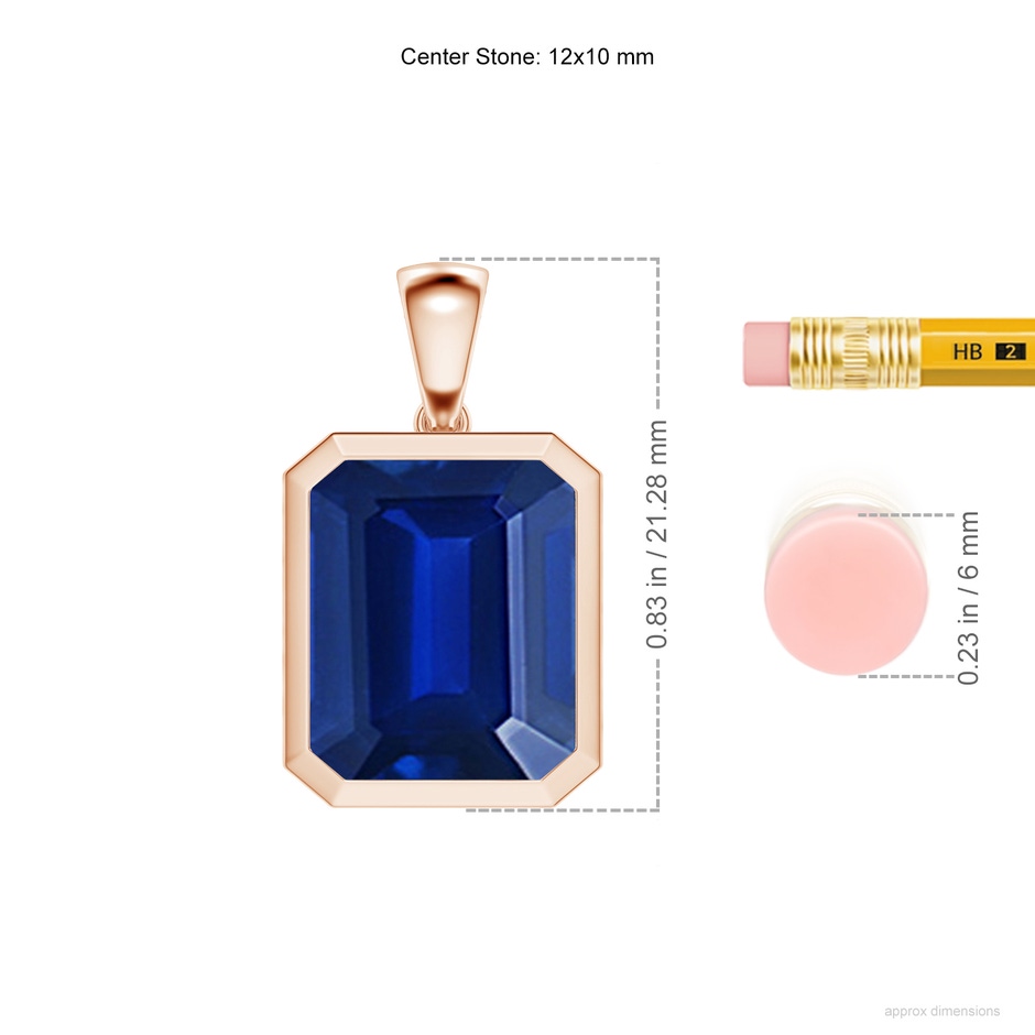 12x10mm Lab-Grown Bezel-Set Emerald-Cut Blue Sapphire Solitaire Pendant in Rose Gold ruler