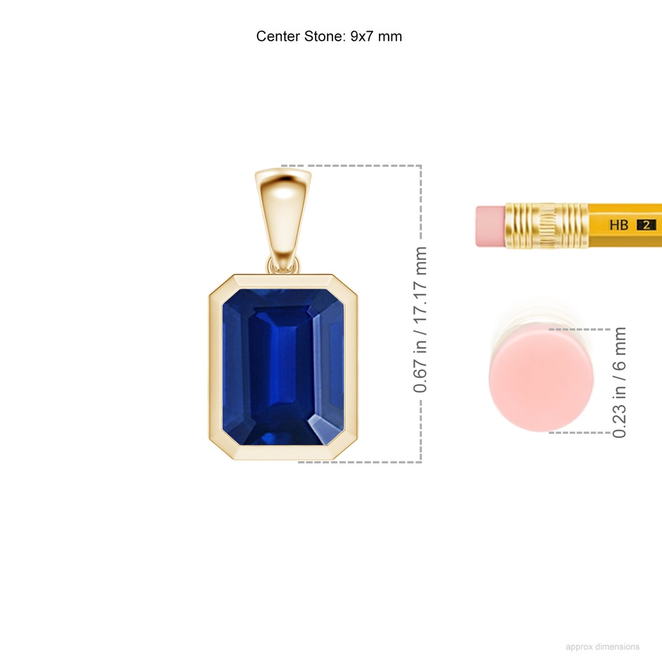 9x7mm Lab-Grown Bezel-Set Emerald-Cut Blue Sapphire Solitaire Pendant in Yellow Gold ruler